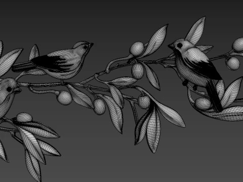 Olive branch with birds 3D Model