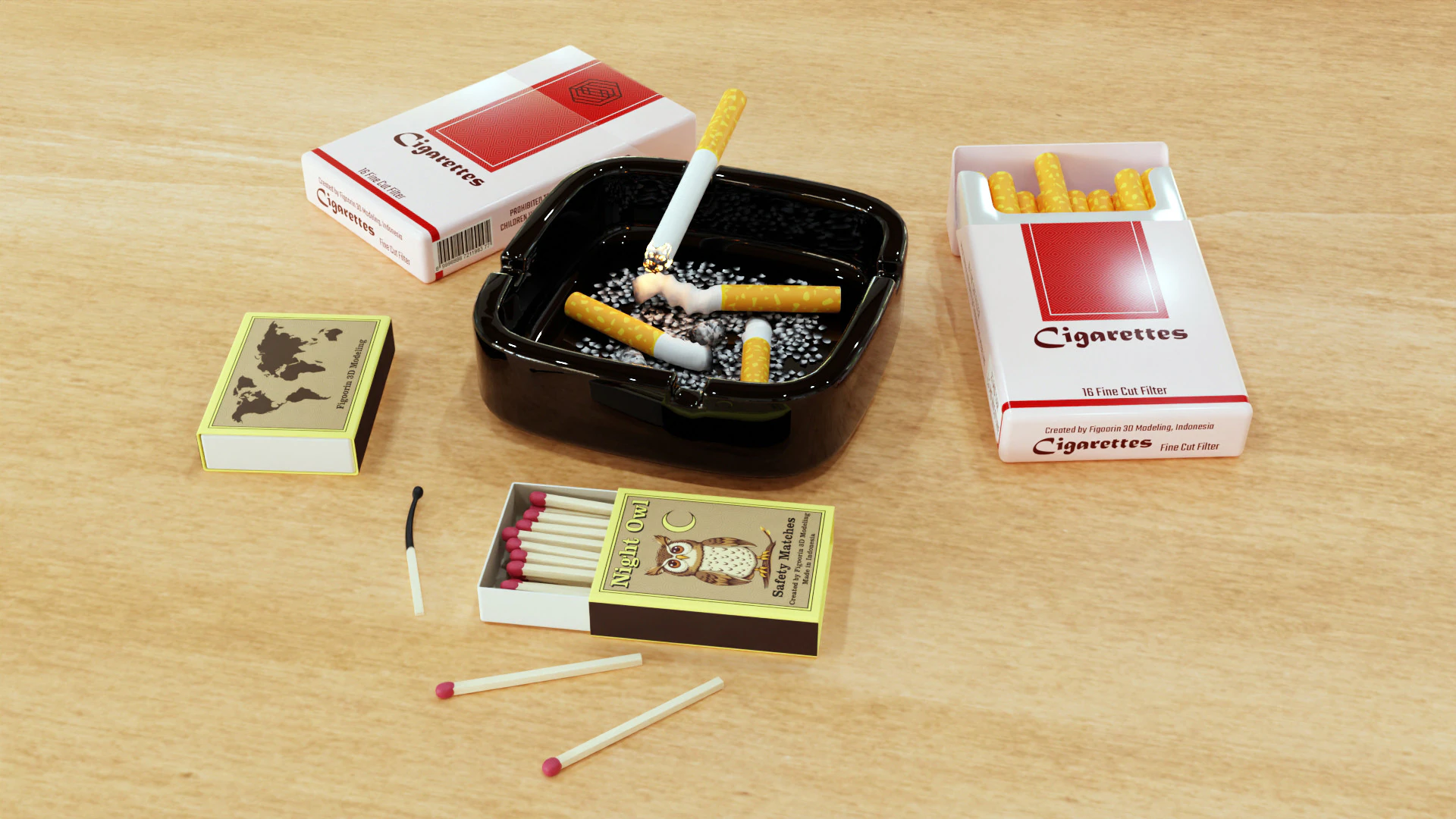 Cigarette Ashtray Match 001 3D Model .c4d .max .obj .3ds .fbx .stl .blend 