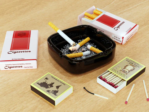 Cigarette Ashtray Match 001 3D Model