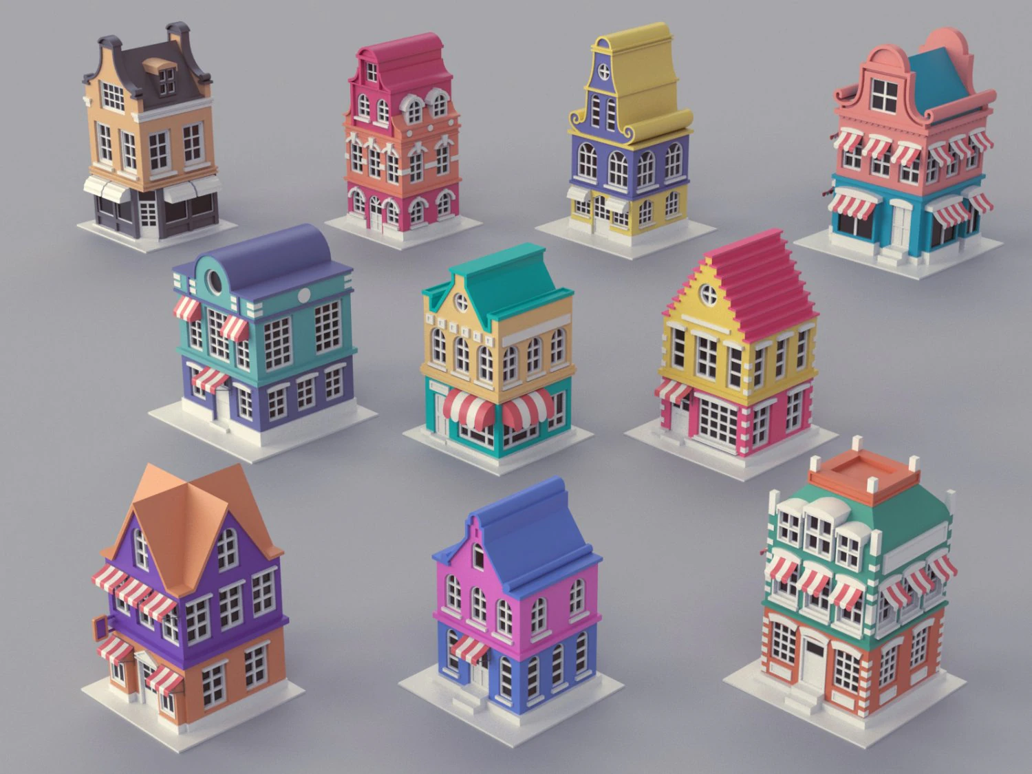 Cartoon Dutch Buildings 01 3D Model .c4d .max .obj .3ds .fbx .stl .blend