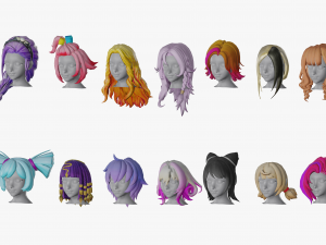 20 Stylized Female Hair Models Pack 1 - Low Poly 3D Model