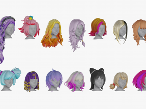 20 Stylized Female Hair Models Pack 1 - Low Poly 3D Model