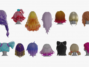 20 Stylized Female Hair Models Pack 1 - Low Poly 3D Model