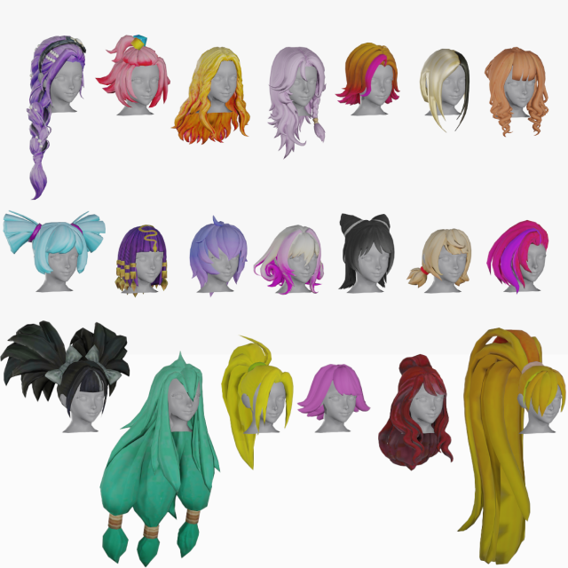 20 Stylized Female Hair Models Pack 1 - Low Poly 3D Model .c4d .max .obj .3ds .fbx .stl .blend 