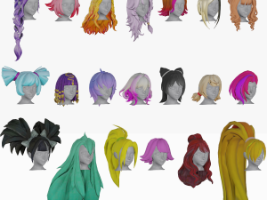 20 Stylized Female Hair Models Pack 1 - Low Poly 3Dモデル