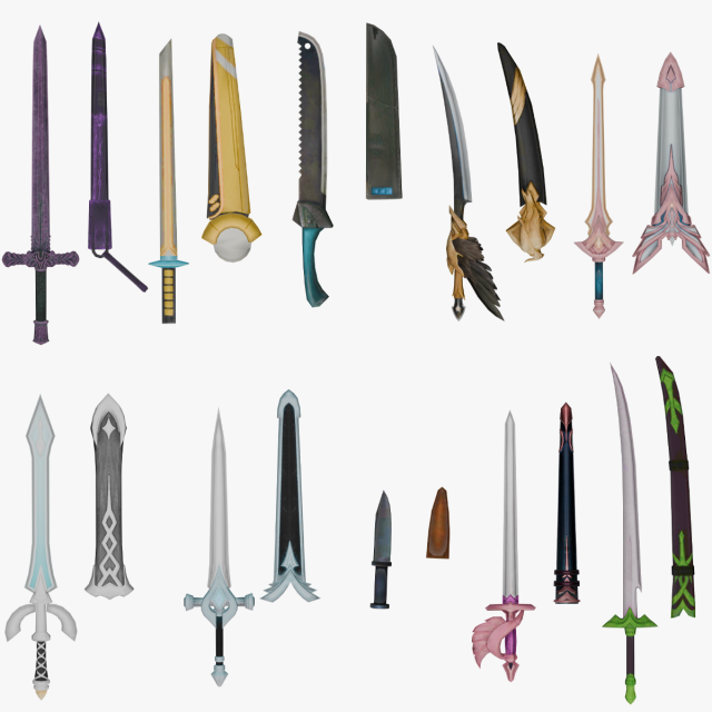 10 Stylized Sword Models Pack 3 - Low Poly 3D Model .c4d .max .obj .3ds .fbx .stl .blend 
