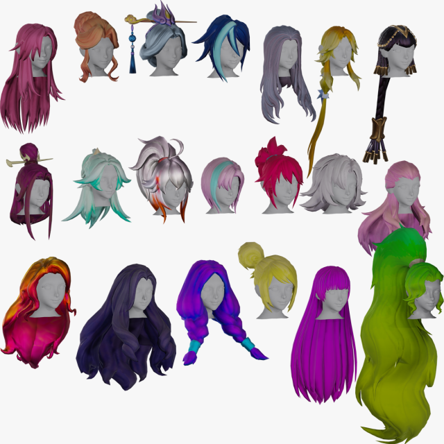 20 Stylized Female Hair Models Pack 2 - Low Poly 3D Model .c4d .max .obj .3ds .fbx .stl .blend 