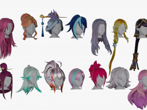 20 Stylized Female Hair Models Pack 2 - Low Poly 3D Model