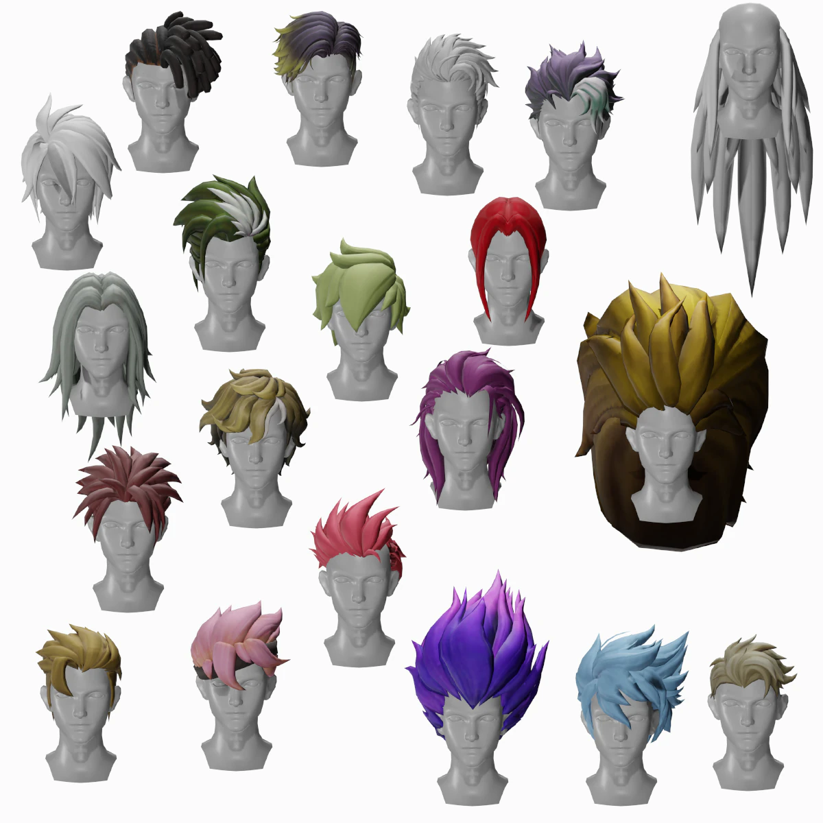 20 STYLIZED MALE HAIR MODELS PACK 6 3D Model .c4d .max .obj .3ds .fbx .stl .blend