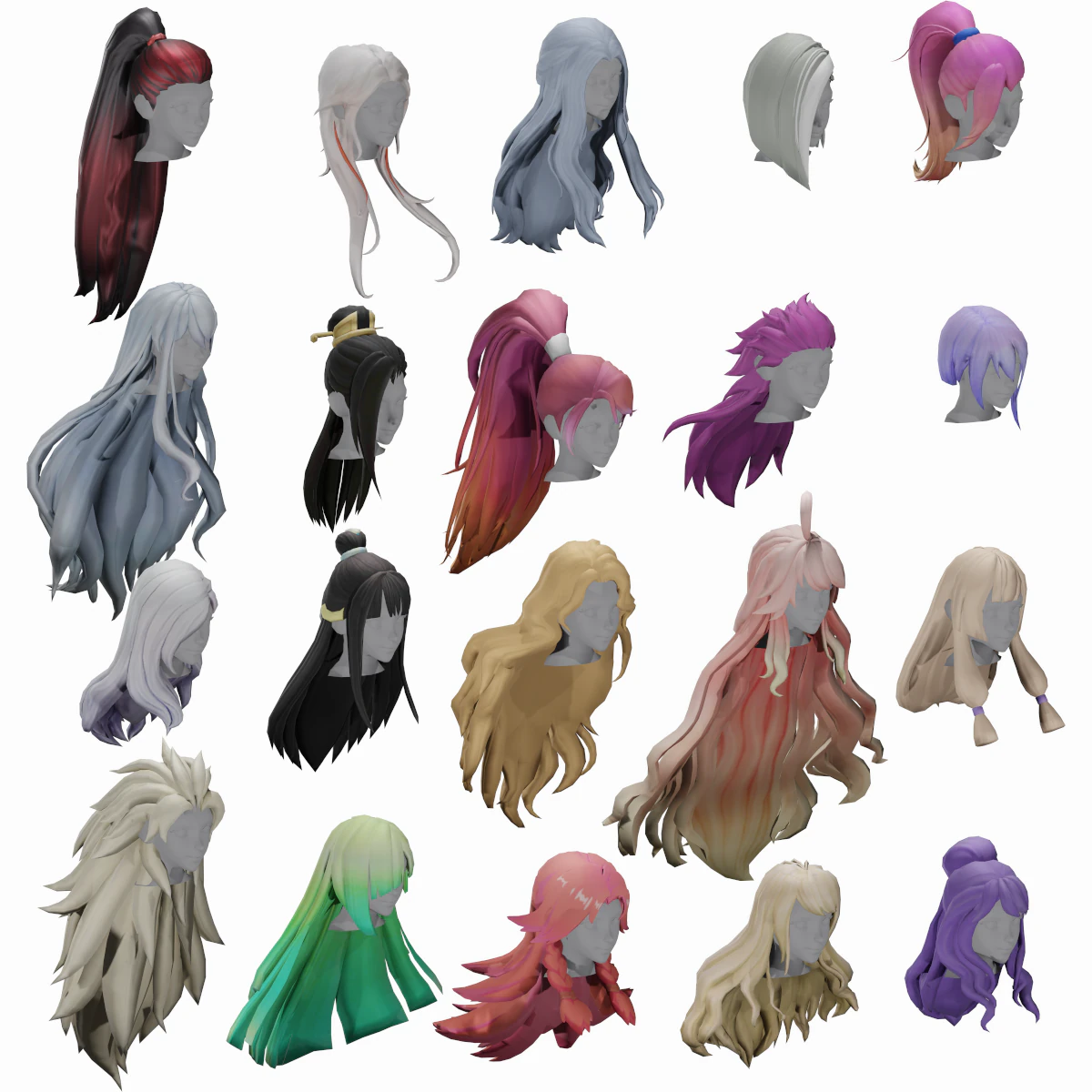 20 STYLIZED FEMALE HAIR MODELS PACK 7 - LOW POLY 3D Model .c4d .max .obj .3ds .fbx .stl .blend