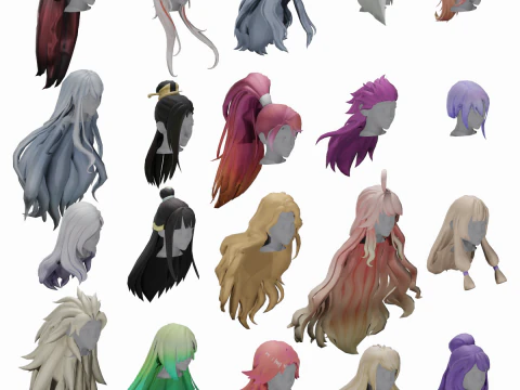 НАБІР 7 20 СТИЛІЗОВАНИХ МОДЕЛЕЙ ЖІНОЧОГО ВОЛОССЯ - НИЗЬКИЙ ПОЛІ 3D Модель