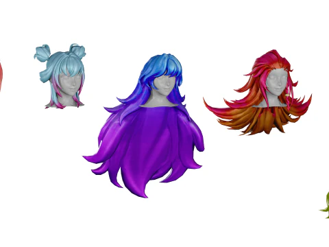 НАБОР 8 СТИЛИЗОВАННЫХ МОДЕЛЕЙ ЖЕНСКИХ ВОЛОС &mdash; LOW POLY 3D Модель