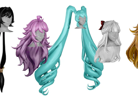 20 STYLIZED FEMALE HAIR MODELS PACK 8 - LOW POLY 3D Model
