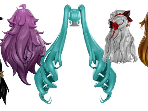 20 STYLIZED FEMALE HAIR MODELS PACK 8 - LOW POLY 3D Model