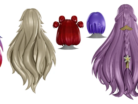20 STYLIZED FEMALE HAIR MODELS PACK 8 - LOW POLY 3D Model