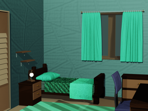 of a Cartoon-Style Youth Room with Wooden Furniture 3D Model