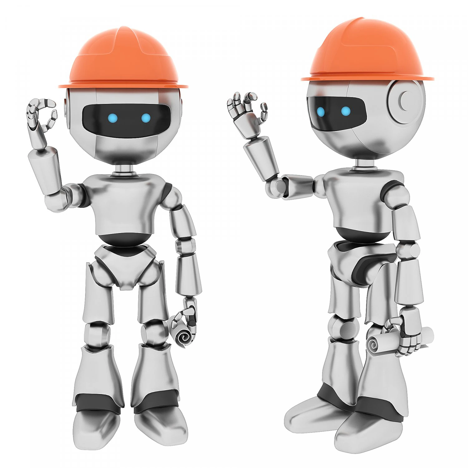 Funny white robot with blueprint 3D Model .c4d .max .obj .3ds .fbx .stl .blend 