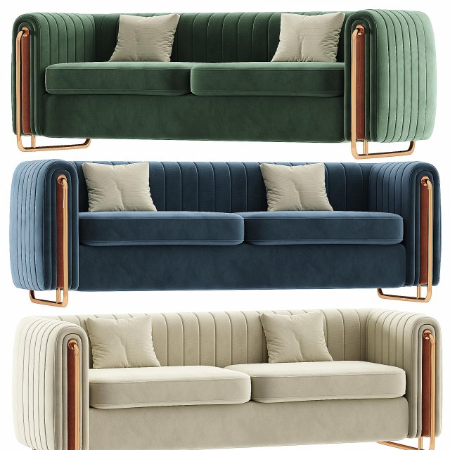 Modern Velvet Sofa Channel Tufted Arms and Back Green 3D 模型 .c4d .max .obj .3ds .fbx .stl .blend