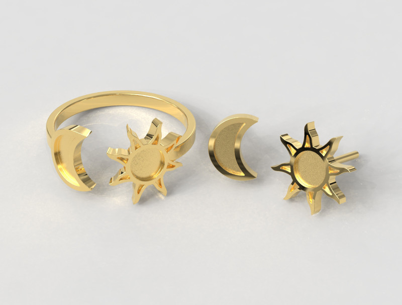 Moon and Sun Ring and Earrings Modelo de Impressão 3D .c4d .max .obj .3ds .fbx .stl .blend 