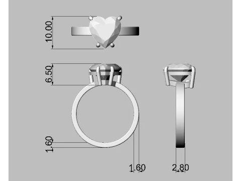 Cincin Hati Batu Permata 10mm Model Cetak 3D