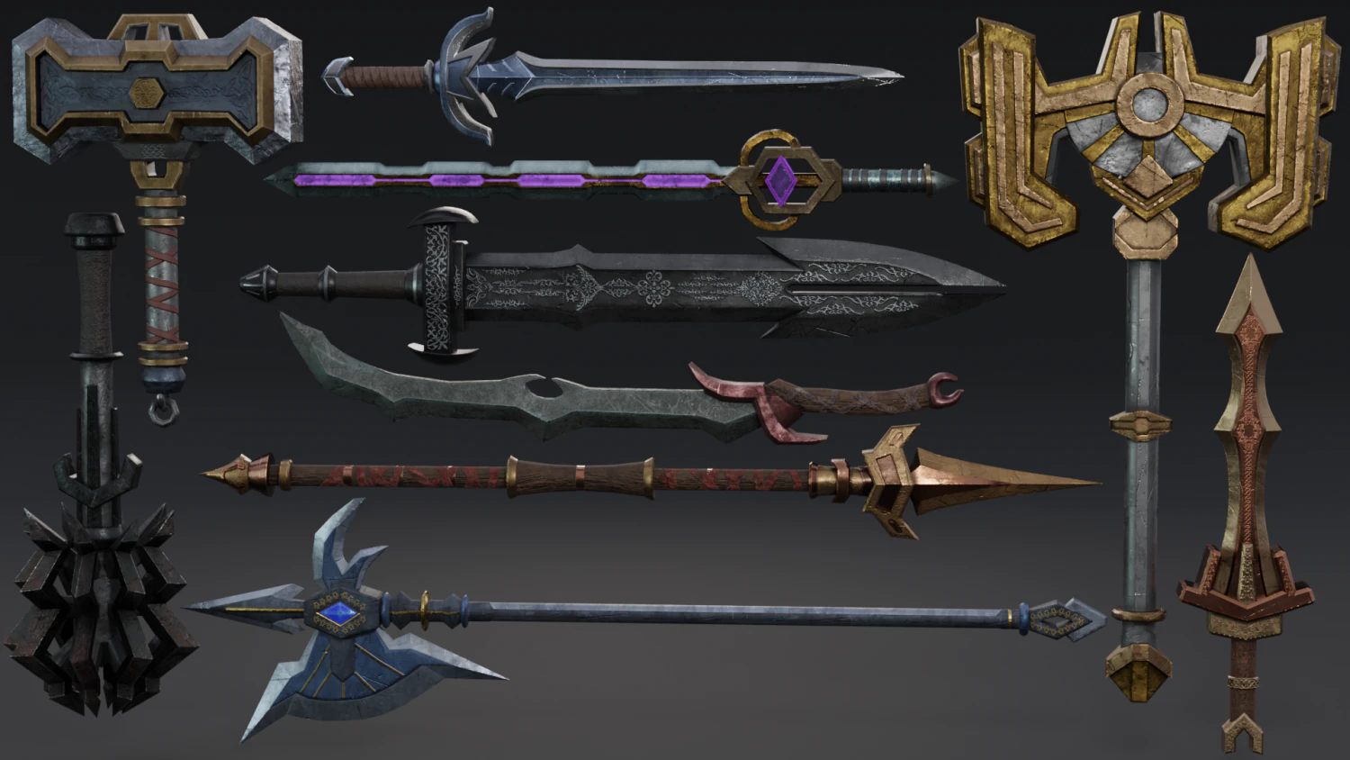 Semi Stylized Fantasy Weapon Pack 2 3D Model .c4d .max .obj .3ds .fbx .stl .blend
