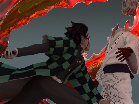 Demon Slayer Tanjiro vs Rui Ready to Print 3D 打印模型