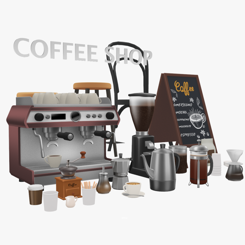 3D Coffee Equipment Anime Style Collection Low-poly 3Dモデル .c4d .max .obj .3ds .fbx .stl .blend 