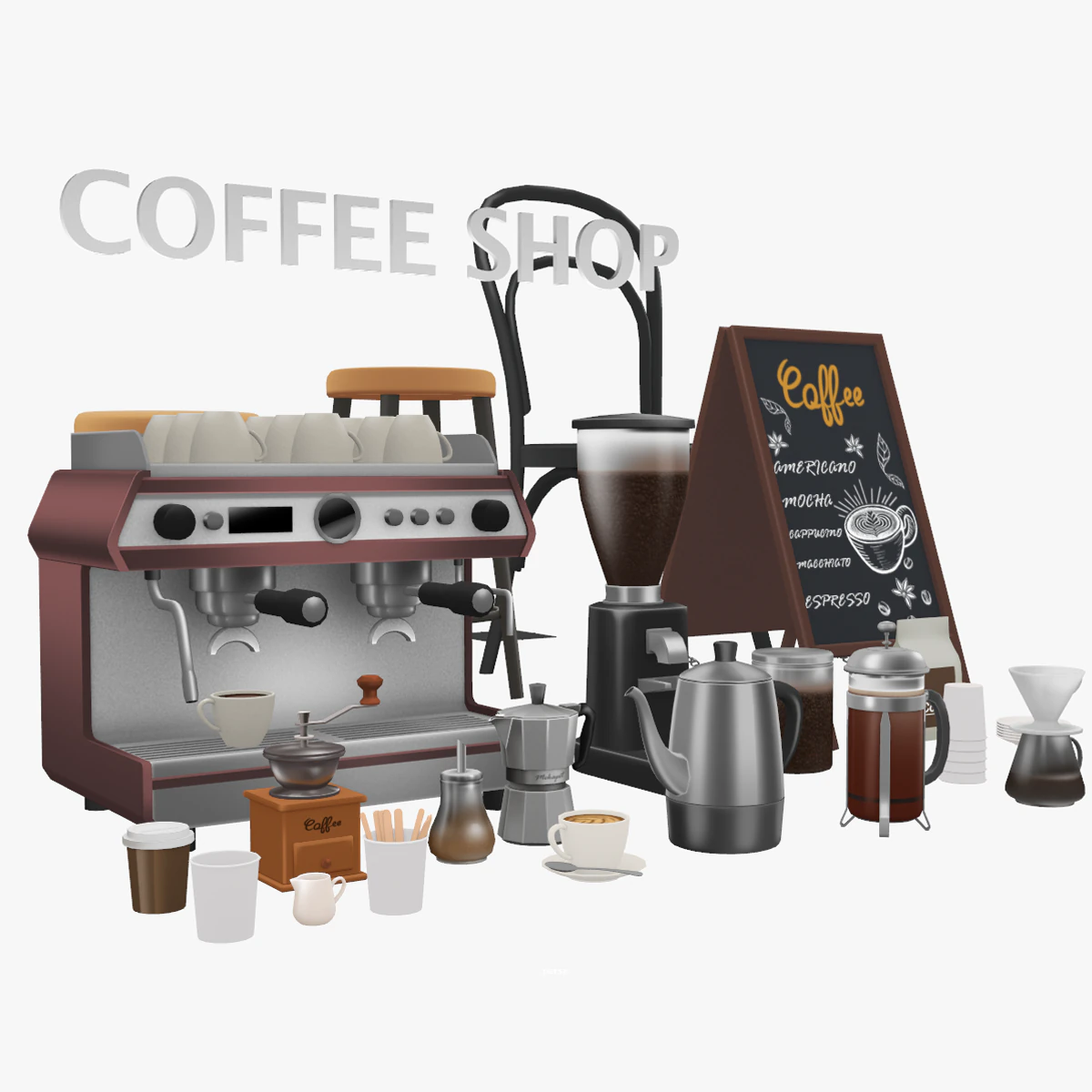 3D Coffee Equipment Anime Style Collection Low-poly 3D Model .c4d .max .obj .3ds .fbx .stl .blend 