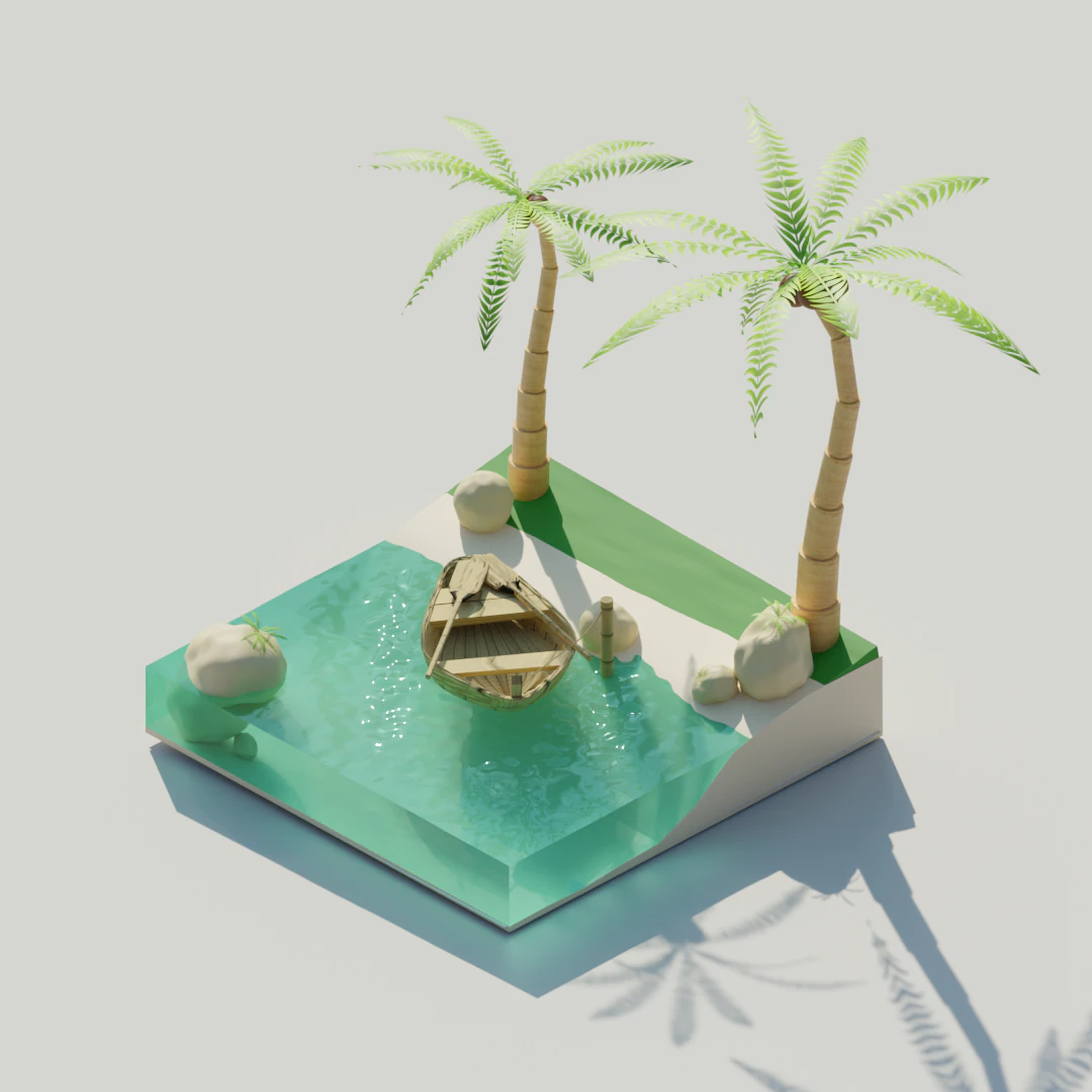 Island with palm trees and boat 3D Model .c4d .max .obj .3ds .fbx .stl .blend