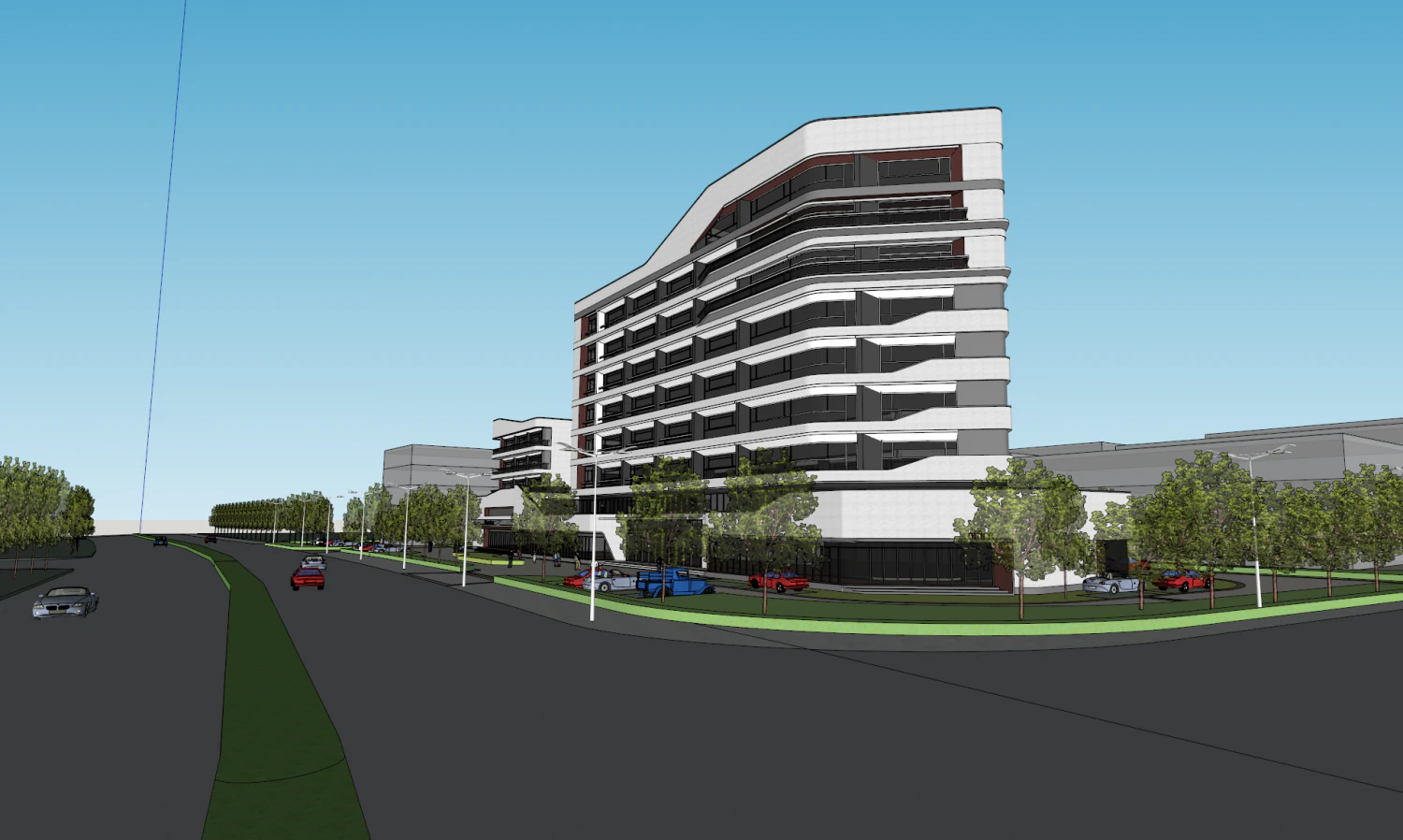 SU model of a modern-style streamlined office hotel building 3D Model .c4d .max .obj .3ds .fbx .stl .blend