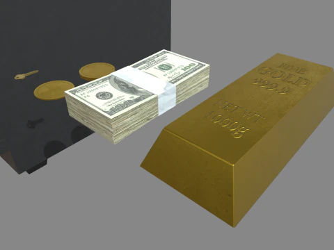 Safe Box With Gold and Money 3D Model