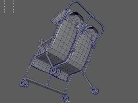 Low Poly Baby Double Stroller 3D Model