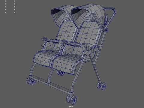 Low Poly Baby Double Stroller 3D Model