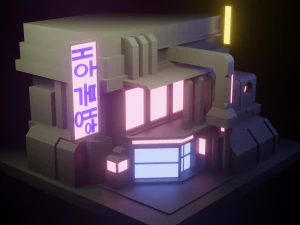 Stylized Cyberpunk Building Low-poly 3D Model
