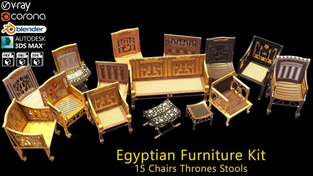 Egyptian Furniture Kit - 15 Chairs Thrones Stools Modèle 3D .c4d .max .obj .3ds .fbx .stl .blend 