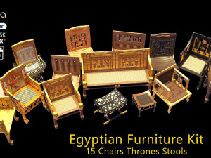 Egyptian Furniture Kit - 15 Chairs Thrones Stools 3D Model