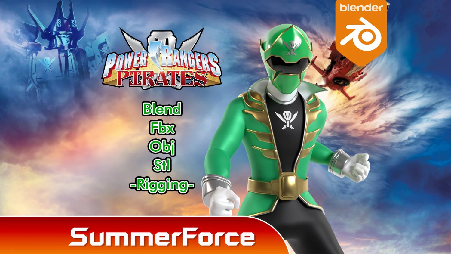 Green Pirate Ranger - Power Rangers Pirates 3D Model .c4d .max .obj .3ds .fbx .stl .blend