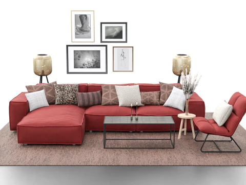 Modern Cozy Living Room with Red Sofa Set 3D Model