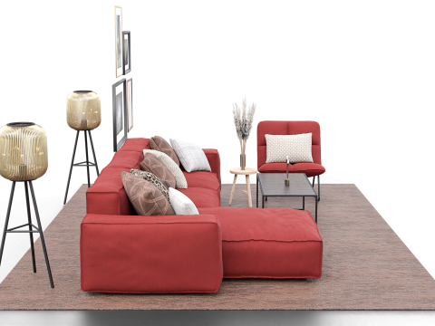 Modern Cozy Living Room with Red Sofa Set Modèle 3D
