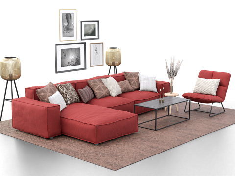 Modern Cozy Living Room with Red Sofa Set Modèle 3D