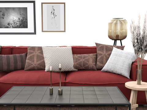 Modern Cozy Living Room with Red Sofa Set Modèle 3D