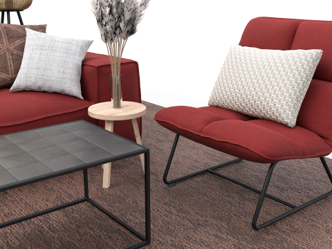 Modern Cozy Living Room with Red Sofa Set Modèle 3D