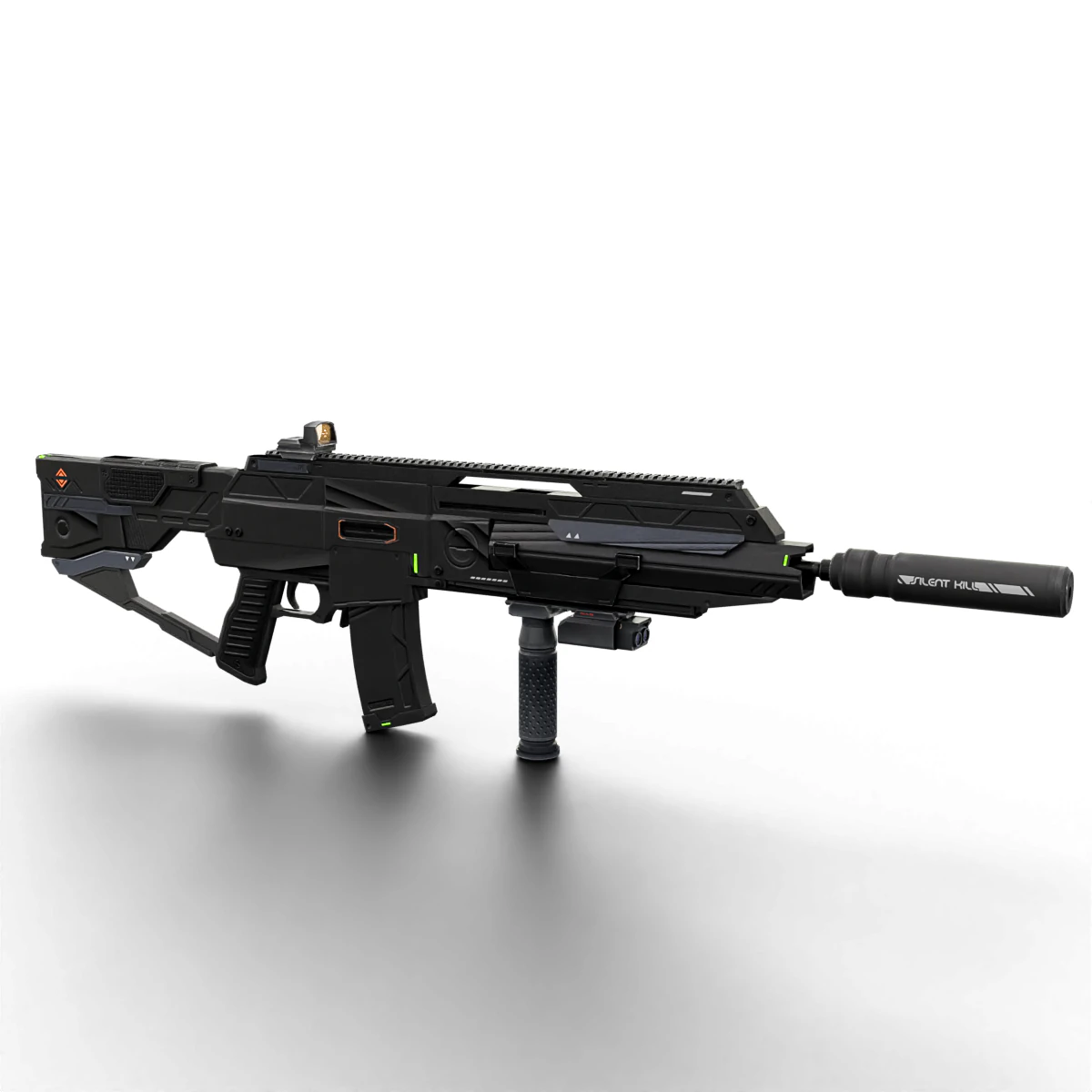 Futuristic Silent Assault Rifle High-Tech Sci-Fi Weapon with Suppressor- Scope Tactical Add-ons 3D Model .c4d .max .obj .3ds .fbx .stl .blend