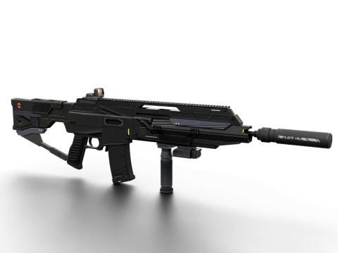 Futuristic Silent Assault Rifle High-Tech Sci-Fi Weapon with Suppressor- Scope Tactical Add-ons Modèle 3D