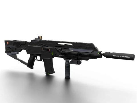 Fucile d'assalto silenzioso futuristico, arma fantascientifica ad alta tecnologia con componenti aggiuntivi tattici per mirino soppressore Modello 3D