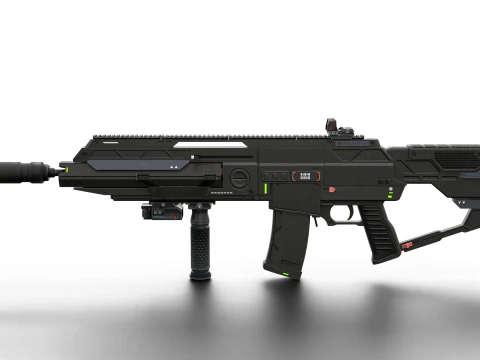 Futuristic Silent Assault Rifle High-Tech Sci-Fi Weapon with Suppressor- Scope Tactical Add-ons 3D Model