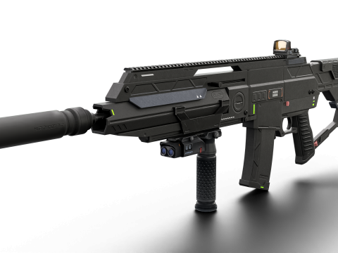 Futuristic Silent Assault Rifle High-Tech Sci-Fi Weapon with Suppressor- Scope Tactical Add-ons Modèle 3D