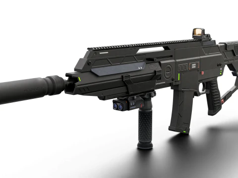 Futuristic Silent Assault Rifle High-Tech Sci-Fi Weapon with Suppressor- Scope Tactical Add-ons 3D Model