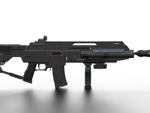 Futuristic Silent Assault Rifle High-Tech Sci-Fi Weapon with Suppressor- Scope Tactical Add-ons 3D Model