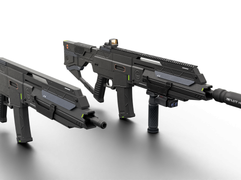 Futuristic Silent Assault Rifle High-Tech Sci-Fi Weapon with Suppressor- Scope Tactical Add-ons Modèle 3D